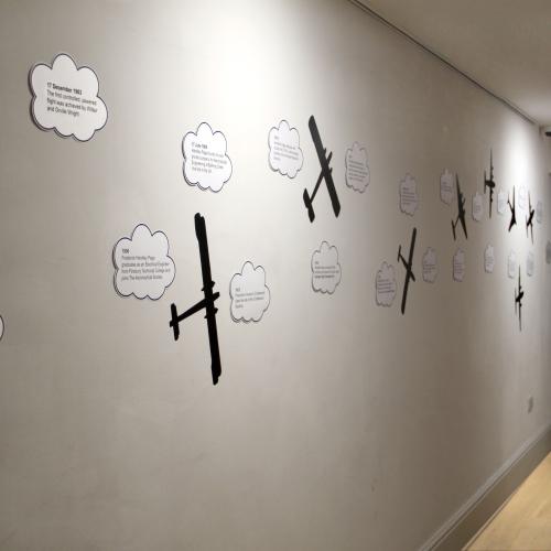 Timeline made of clouds with facts interspersed with silhouettes of aircraft