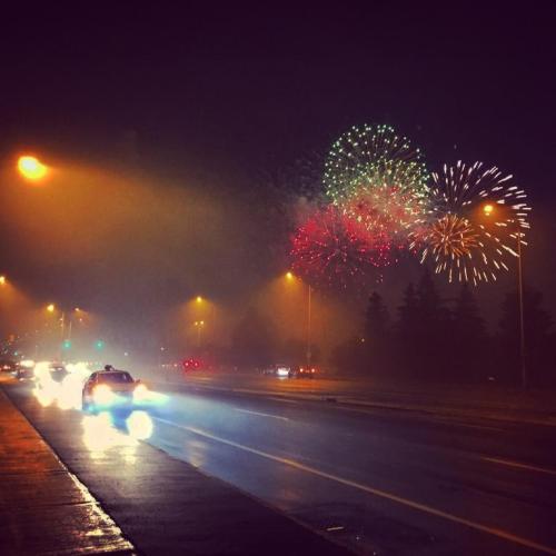 Fireworks over a road