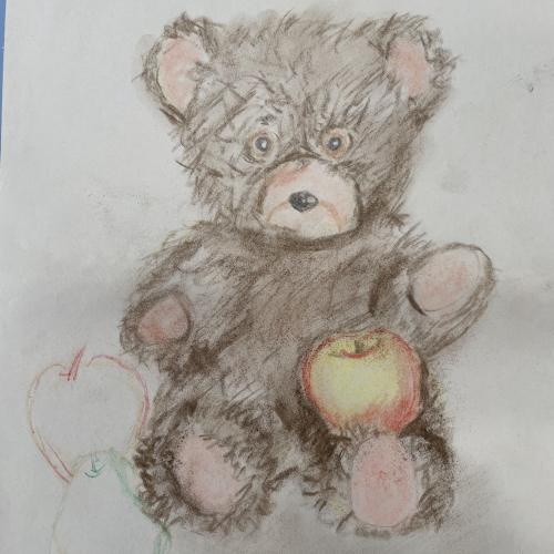 still life drawing of teddy with apple
