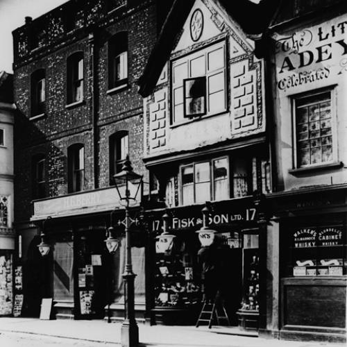  Monochrome photographic print showing Fisk & Son’s shop at 17 High Street, St Albans