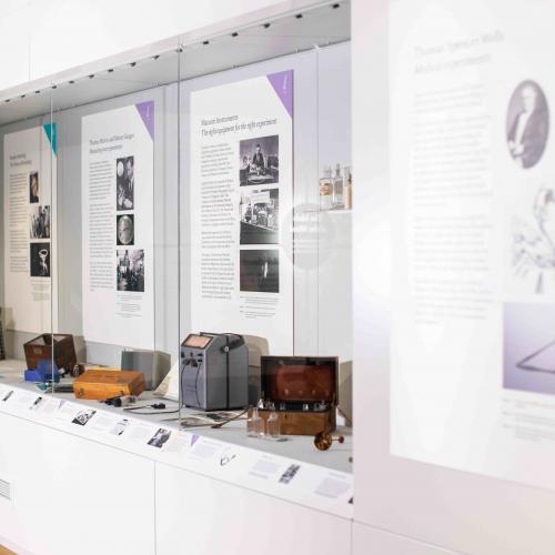 Display cases showing Marconi and Mercer instruments