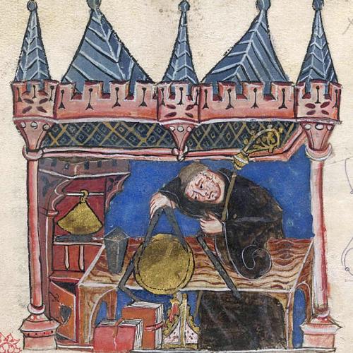 Richard of Wallingford seated at his desk measuring with a pair of compasses. © History of the Abbots of St Albans by Thomas of Walsingham.