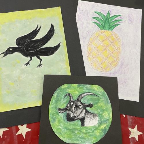 selection of inn sign paintings including crow, pineapple and goat