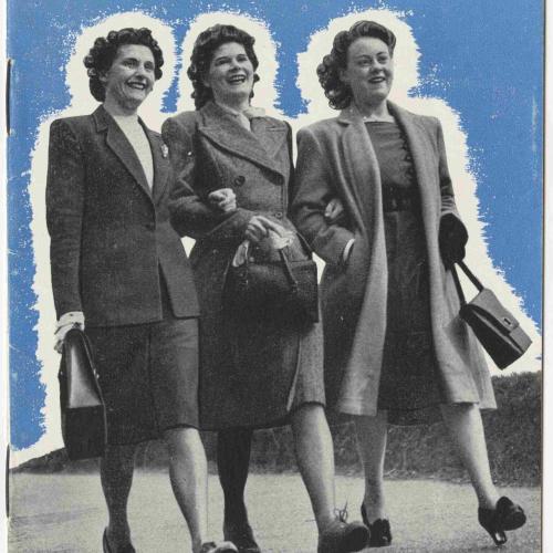 Three women in 1940s clothing walking towards a camera with the words Going to work at Balltio