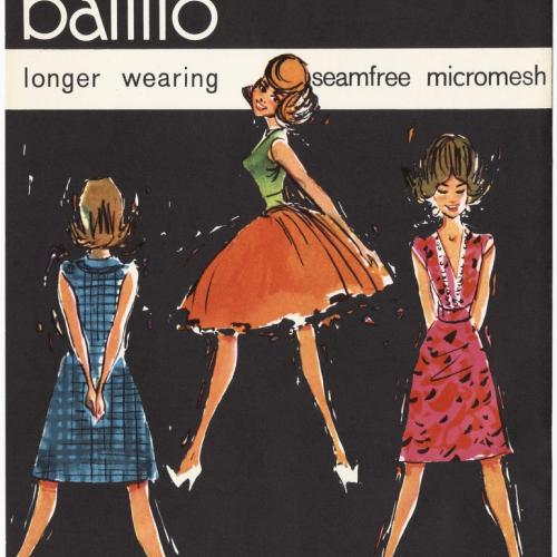 A ballito stocking packet for teen stockings showing three teenaged girls drawn from behind.