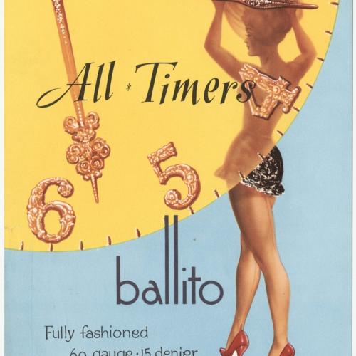 Ballito stocking backet showing a clock and a woman  wearing stockings