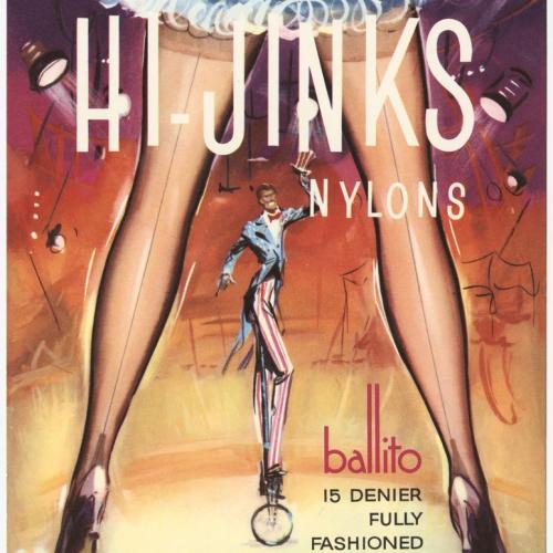 Ballito HiJinks stocking packet shwoing a drawing of a circus performer as if the viewer is looking between a pair of stockinged legs