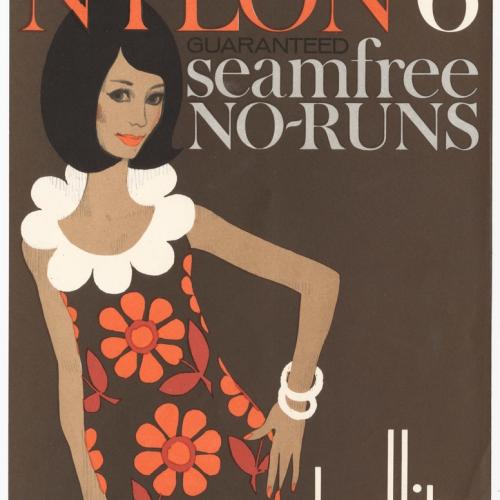 Ballito Nylon 6 stocking packet with a brown background and a woman in a brown dress with orange flowers