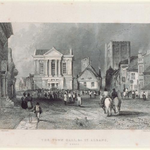 Etching of the Town Hall, possibly during election time c.1835