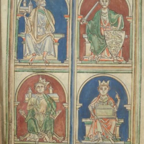 A manuscript page with four illustrated kings including King John shown with a wonky crown. British Library (Cotton MS Claudius DVI f9v King John)