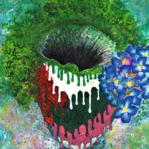 Acrylic painting of forget me nots surrounded by greens, reds and other colours