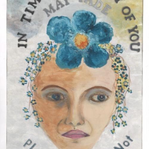 Painting of a face with a forget me not overlapping the head