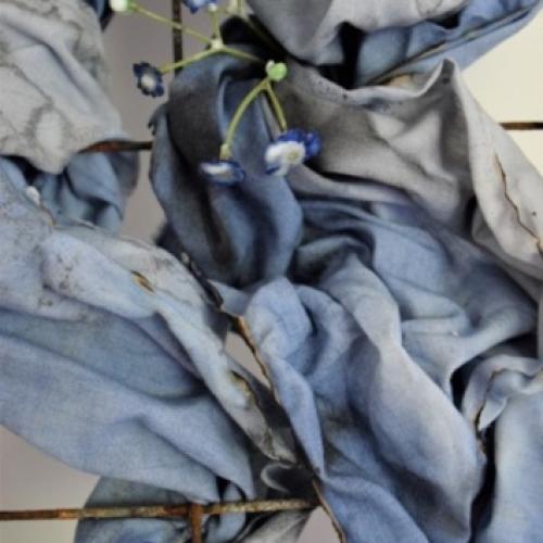 (Digital print of artworks created by mixed media, building materials, fabric, wax, artificial flowers.)