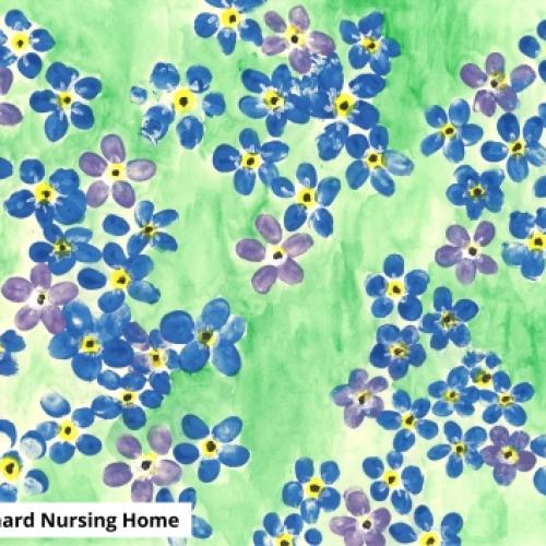 Painting of forget me nots made up of finger prints