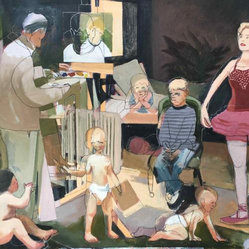 Daddy Painter, figurative painting showing a man, several toddlers, and a ballerina in a red dress