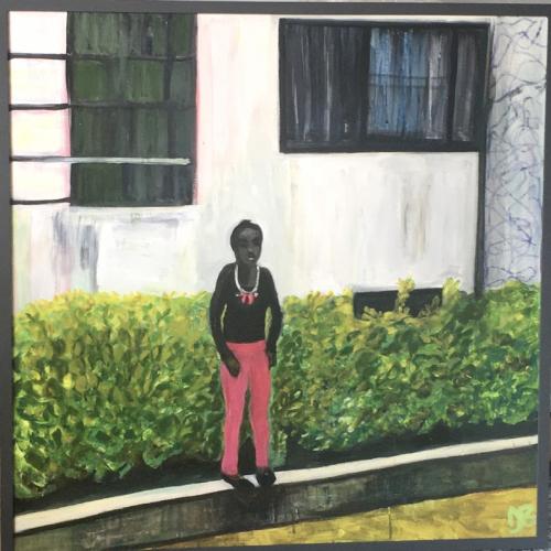 Gertie with the Pink Trousers, painting of a black woman standing in front of a bush with white house facade in the background