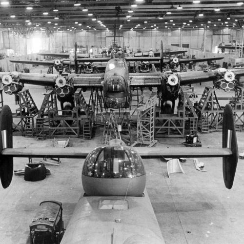 An assembly line of Halifax bombers during the Second World War