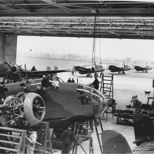 The final assembly of a Hampden bomber at Radlett in 1938 ready for a flight test
