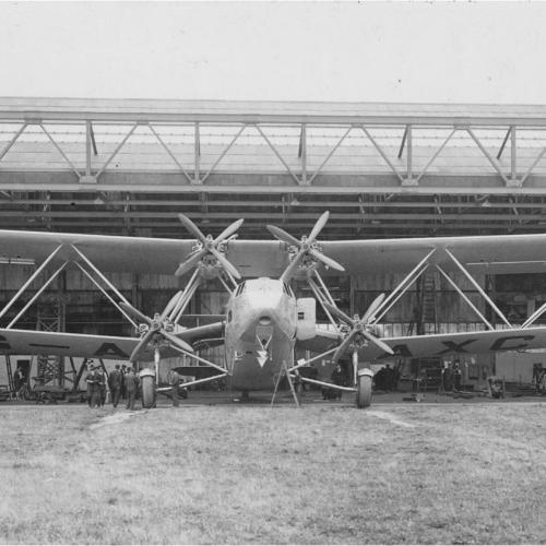 The HP42 airliner in front of a hanger 