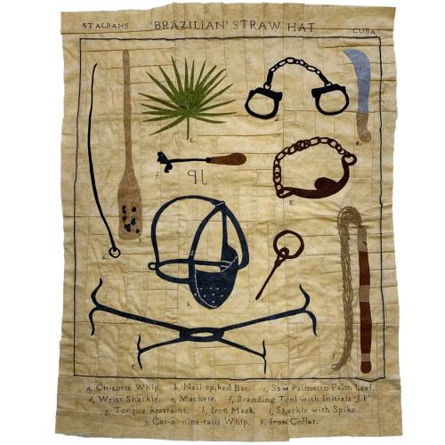 Applique and hand embroidered quilt artwork. Sepia toned fabric is quilted into a base pattern with images of palm leaf and of violent implements of enslavement layered on top. They are displayed in rows as if in an historic scientific text and a key below states each of their names.