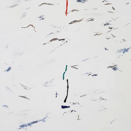 Finger Lickin’ Chicken Hypnotism, abstract painting, short and quick brush strokes on a rectangular white background (dark blue, black, red)