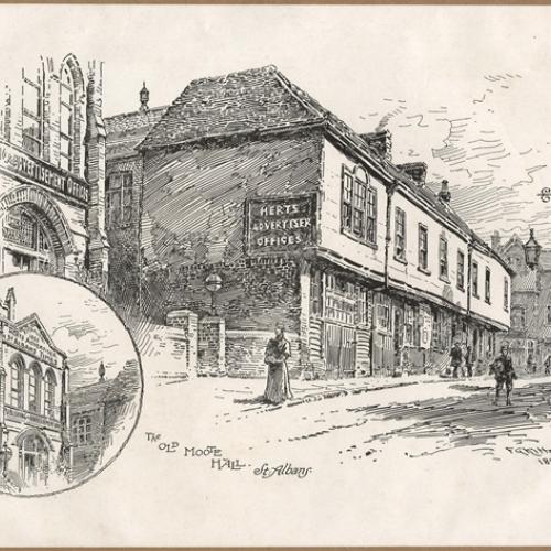 Illustration by F.G.Kitton, 1899 of The Old Moote Hall, from Upper Dagnall Street towards Market Place