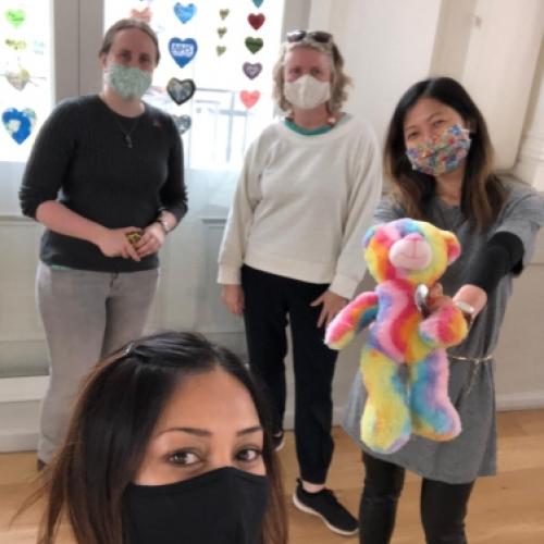 Joanne Ling and the Lockdown Life team with Rainbow Ted