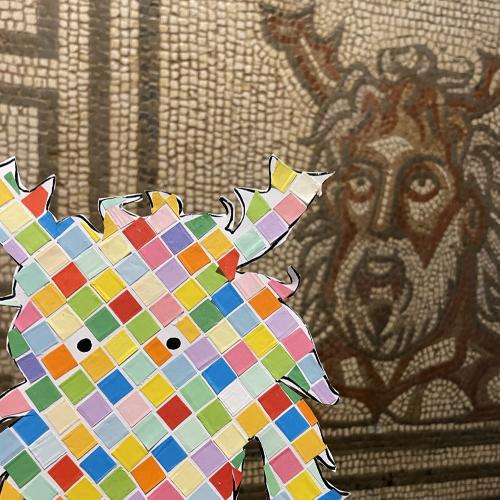 Mosaic craft in fromt of Roman mosaic