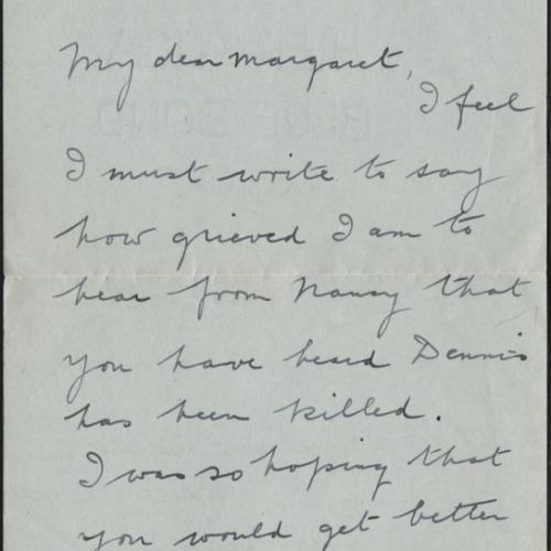 Letter of condolence sent to Margaret Derrett after the death of her husband Flight Sargeant Dennis Derrett, who was killed in service over Norway in April 1945