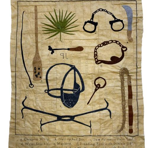Artwork made of quilt fabric and embroidery showing historic implements of enslavement