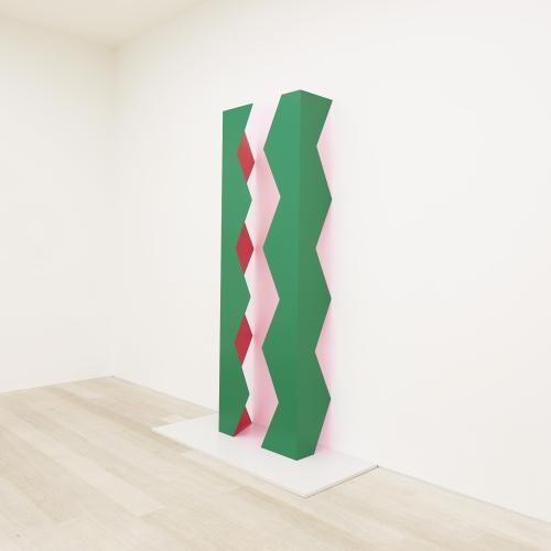 Green, pink and red zigzag sculpture.