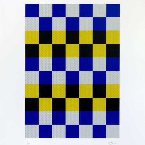 Blue, yellow and white checkerboard print.