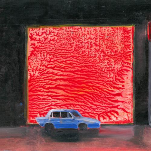 Car In The City, painting of a blue car in front of a large red screen