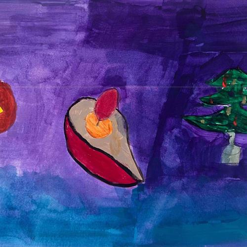 A painting of  a Pumpkin lantner, a diva and a Christmas tree