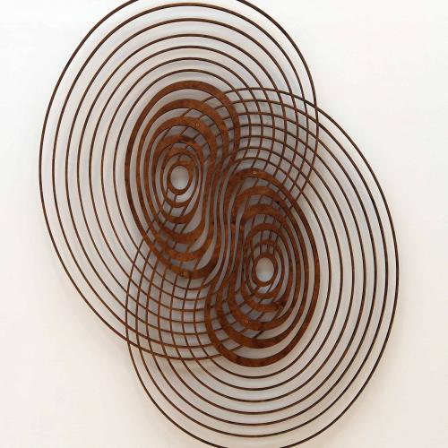 Attractor, two sets of wooden distorted concentric circles joined at their middle