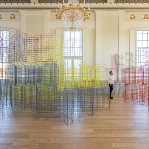 Man standing in the middle of an artwork made out of grids of coloured metal