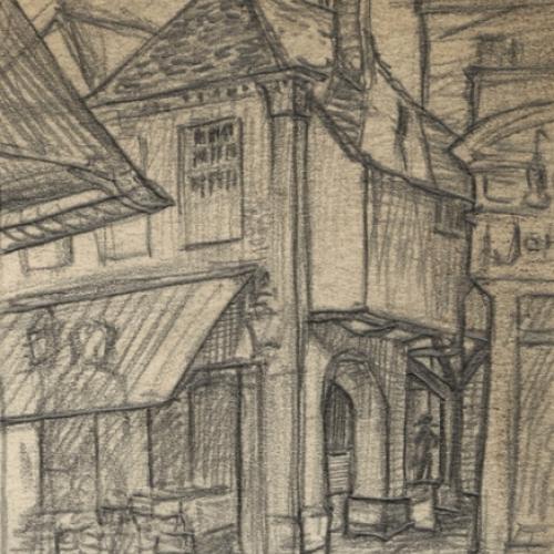 Pencil drawing titled ‘Mac Fisheries Shop’ showing entrance to Lamb Alley from Market Place c.1930