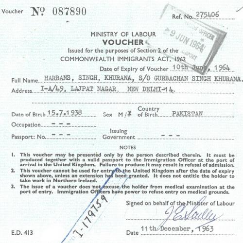 Voucher giving Indu's father entry to the United Kingdom