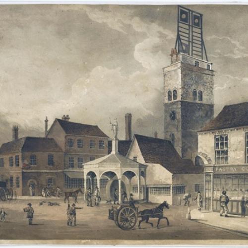 The Market Cross and Clock House showing the semaphore. From an aquatint print , circa 1812.