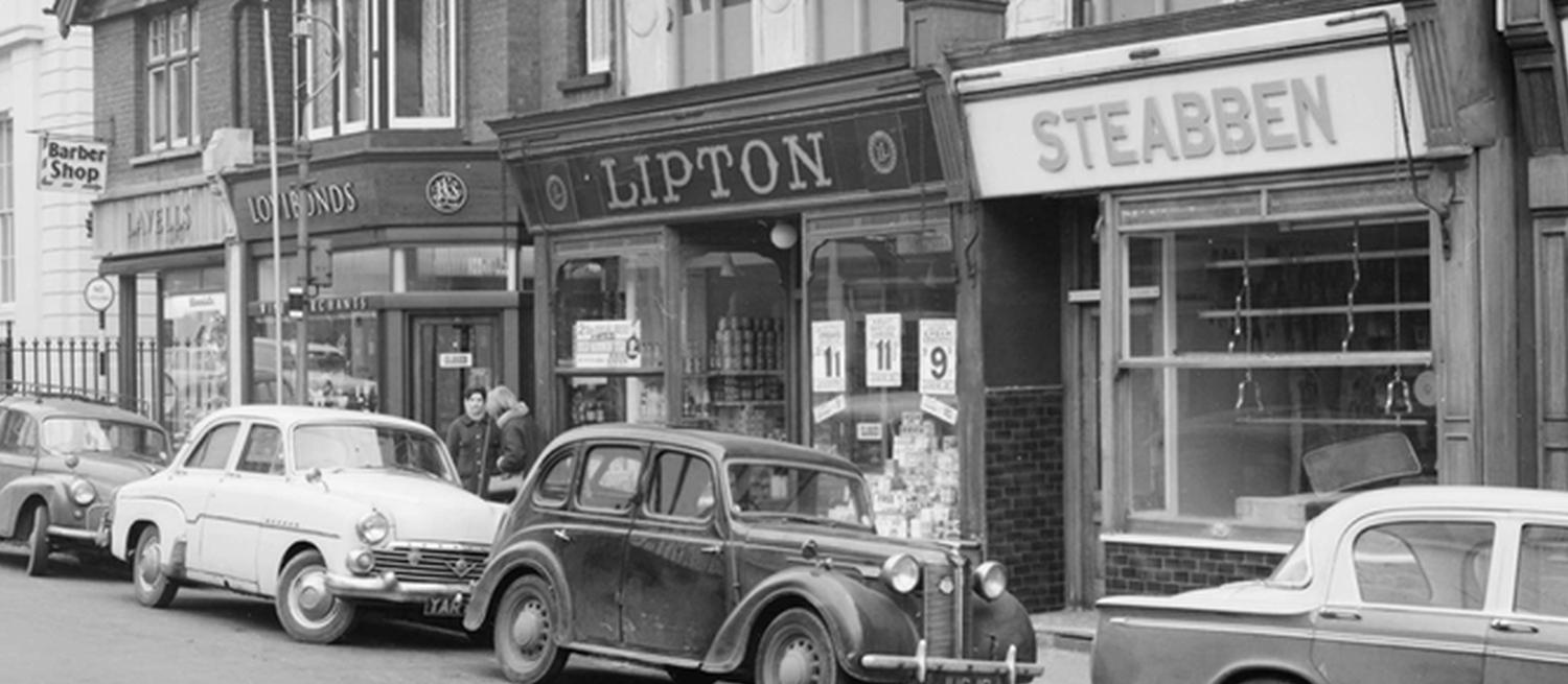 Lavells Barber Shop, Lovibonds Wine Merchants, Lipton, Steabben and Dewhurst Butchers, 1964