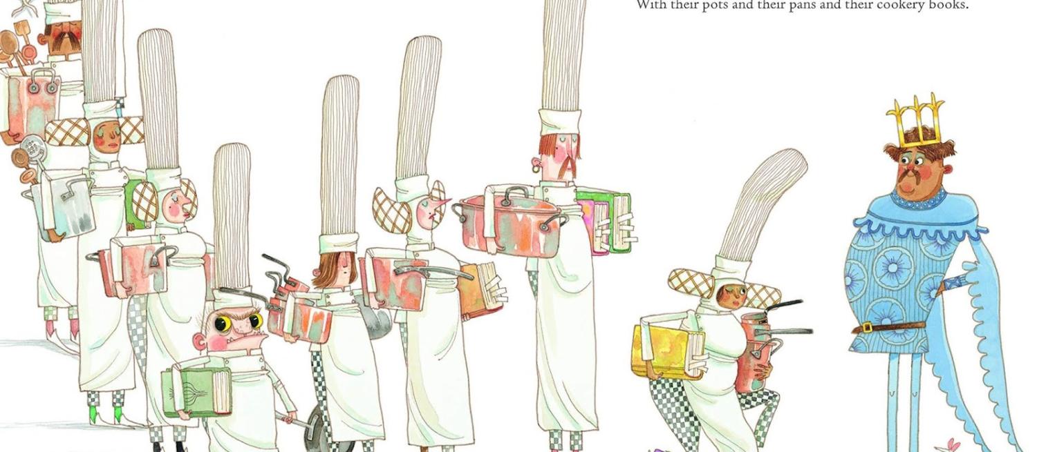 Illustration of king being given food by line of cooks