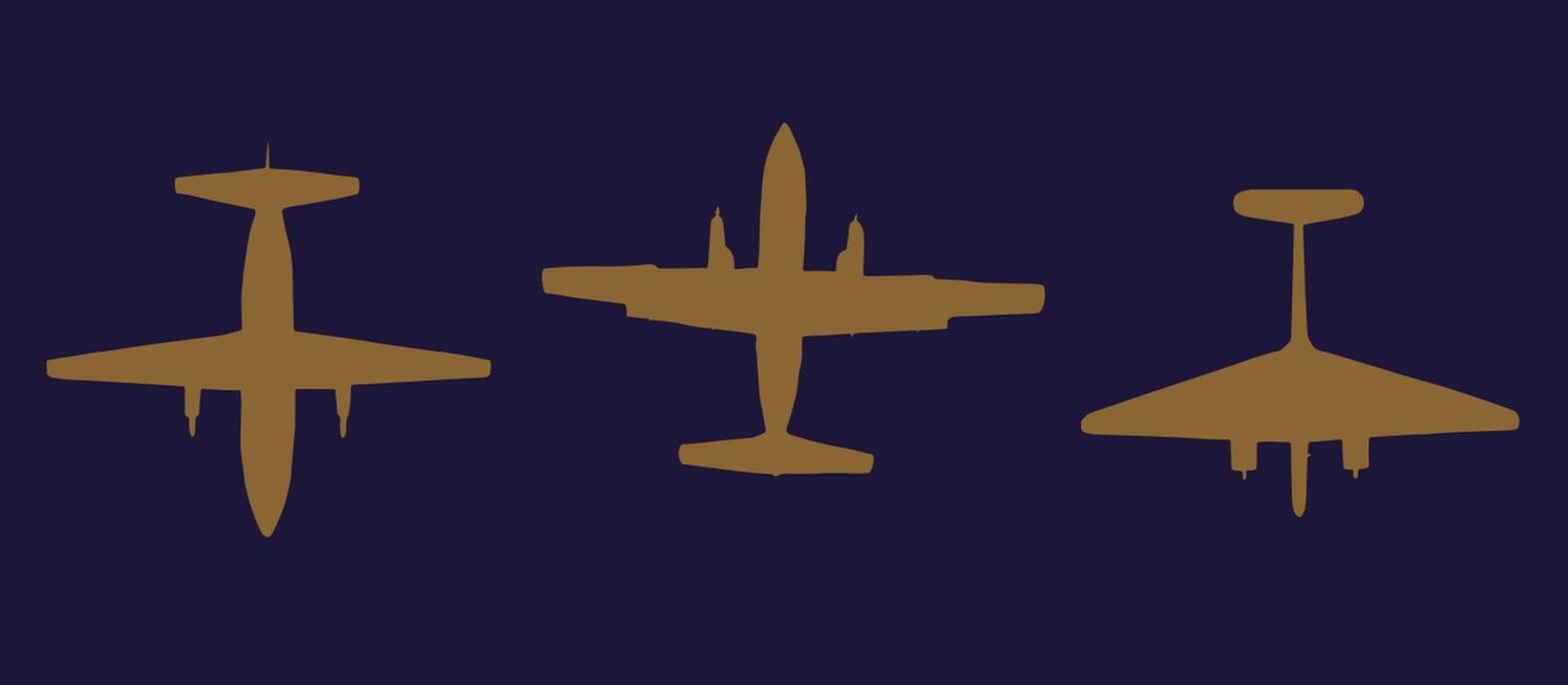 gold silhouettes of Jetstream, Hermes and Hyderabad on navy background