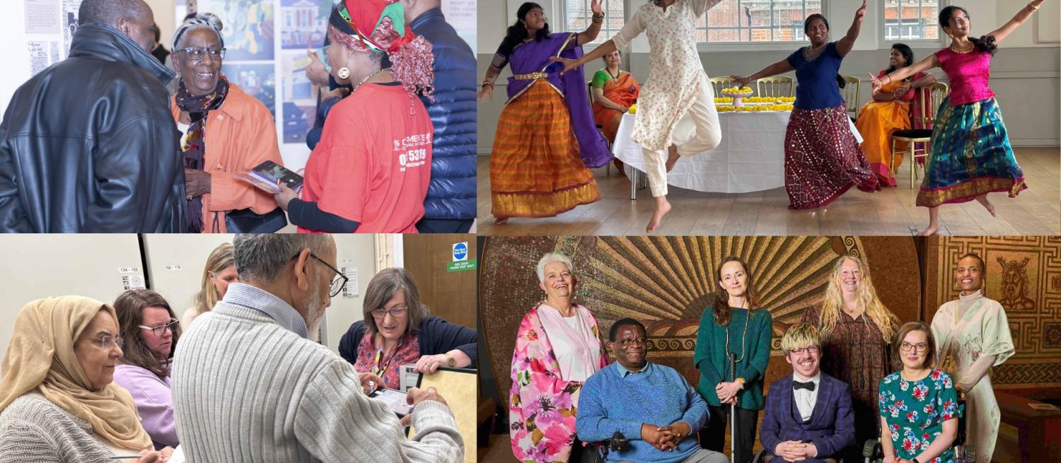 A collage of four photographs showing four different community groups engaged in activities at the museum. A group of people discuss an exhibition, a group of dancers dressed in traditional Indian clothing perform a dance in the Assembly Room, a group of people leaf through records in the archive and a group of co-producers pose for a photograph on the opening night of an exhibition they helped produce.
