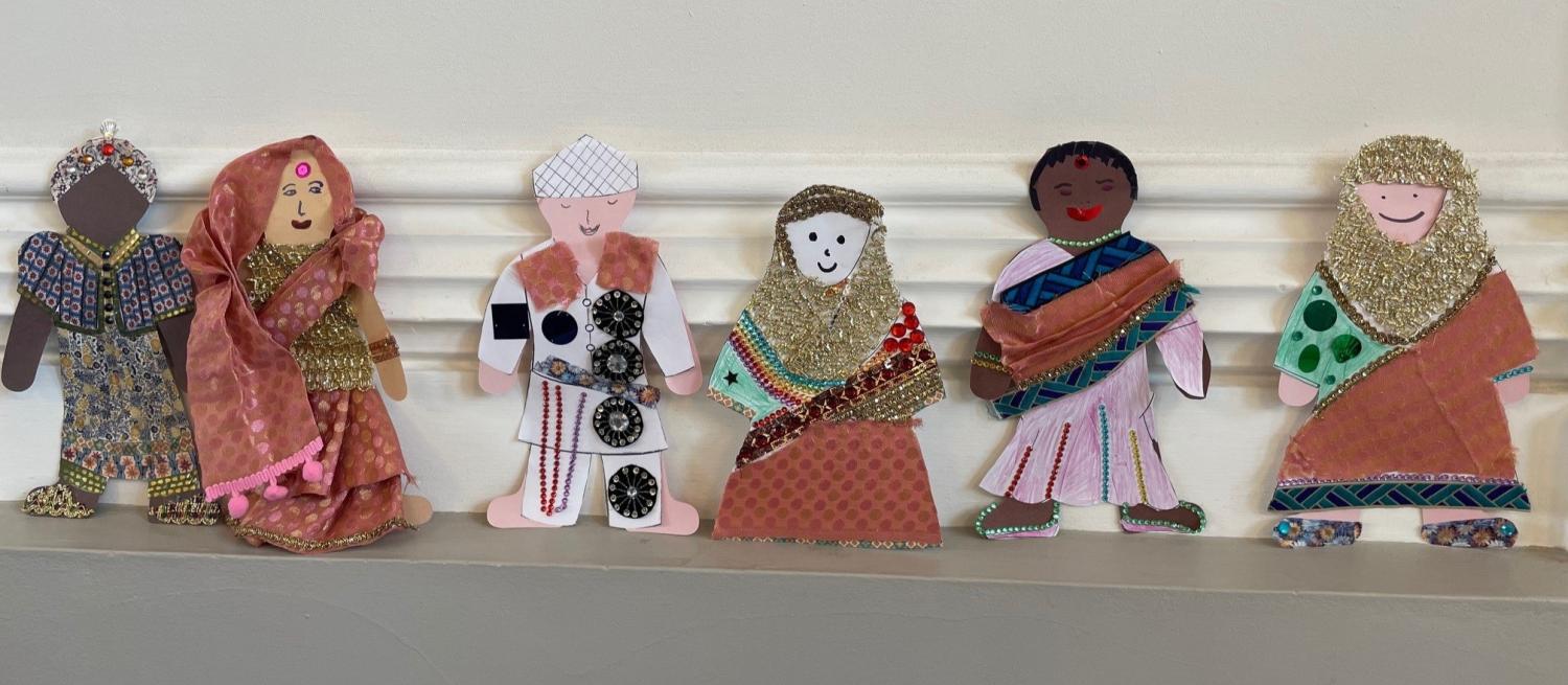 Six paper dolls dressed in various South Asian attire showing various South Asian traditional clothing.