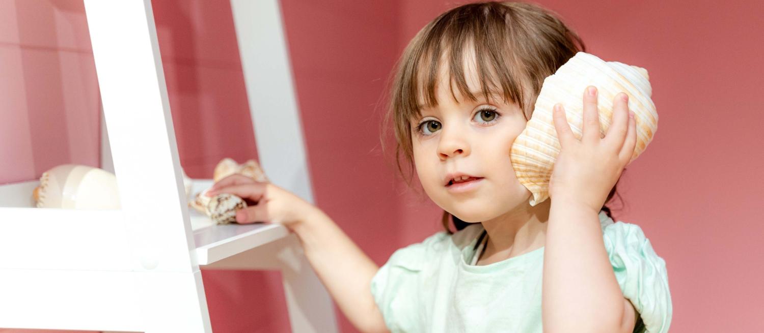 A small child hold a large sea shell up to her ear standiing by a display in St Albans on Sea