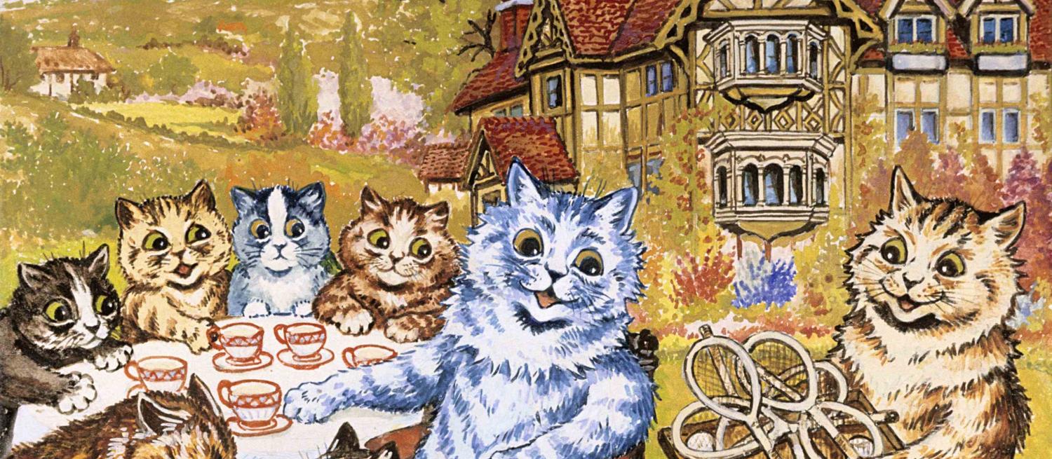 Louis Wain's Tea Party at Napsbury painting showing brightly coloured cats having a tea party on the lawn outside Napsbury House
