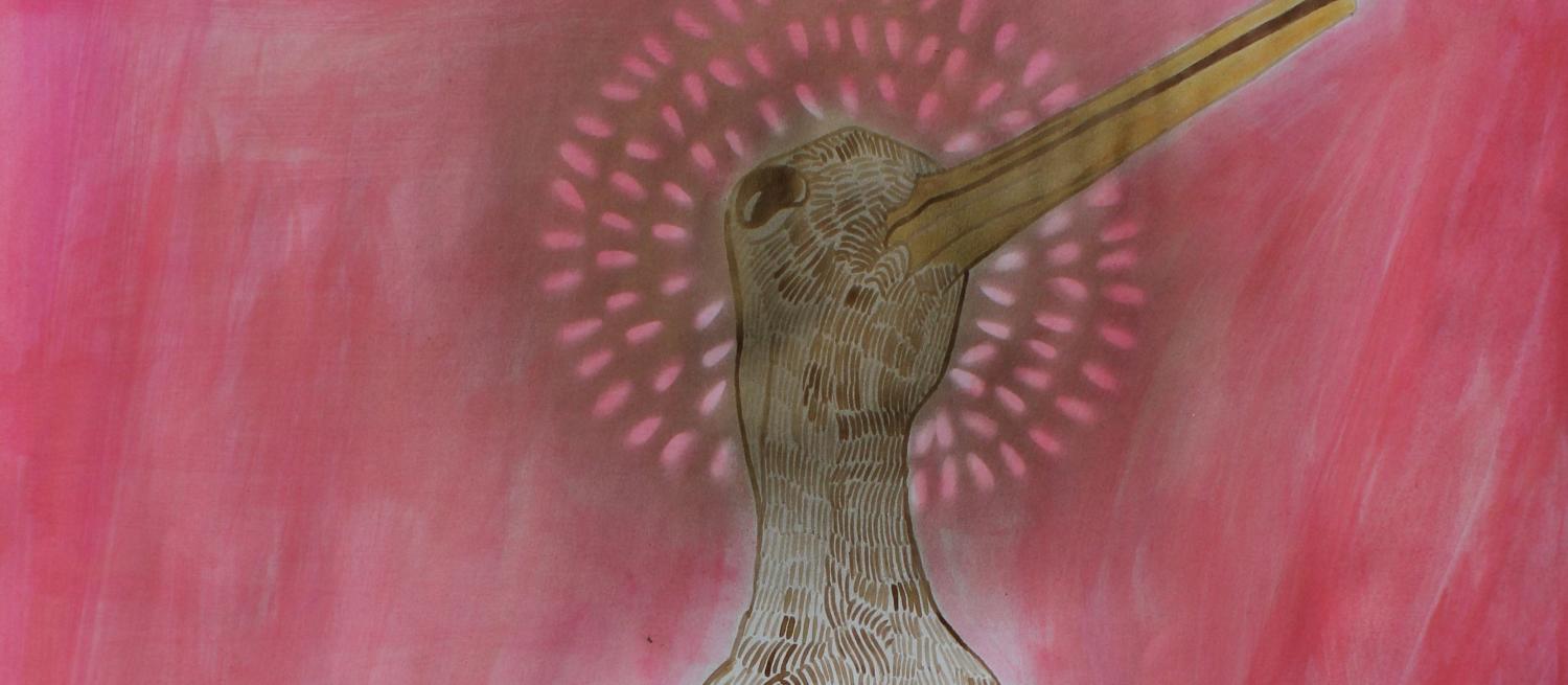 Painting of bird against pink background by Louise LaHive.