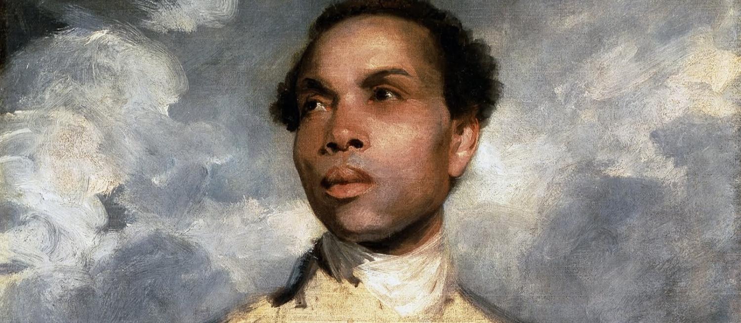 Georgian painting of a Black man likely in his late twenties or early thirties, against a background of swirling grey clouds
