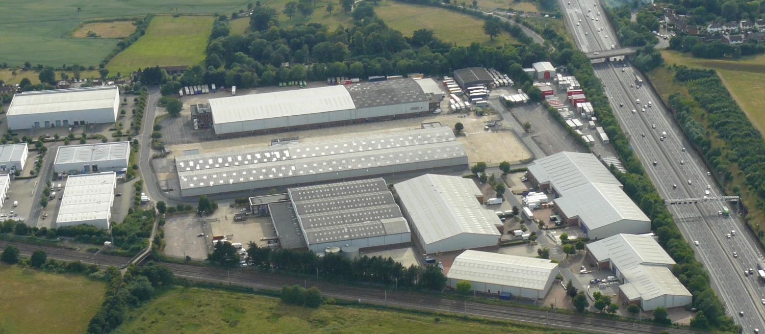 Aerial photograph showing the site of the Radlett Aerodrome as it was in June 2018 with warehouses on the site