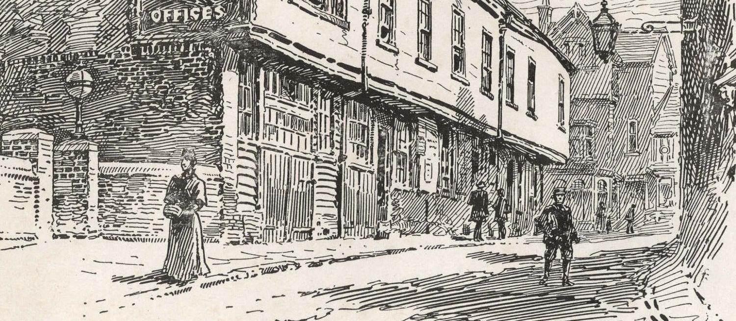 Illustration by F.G.Kitton, 1899 of The Old Moote Hall, from Upper Dagnall Street towards Market Place